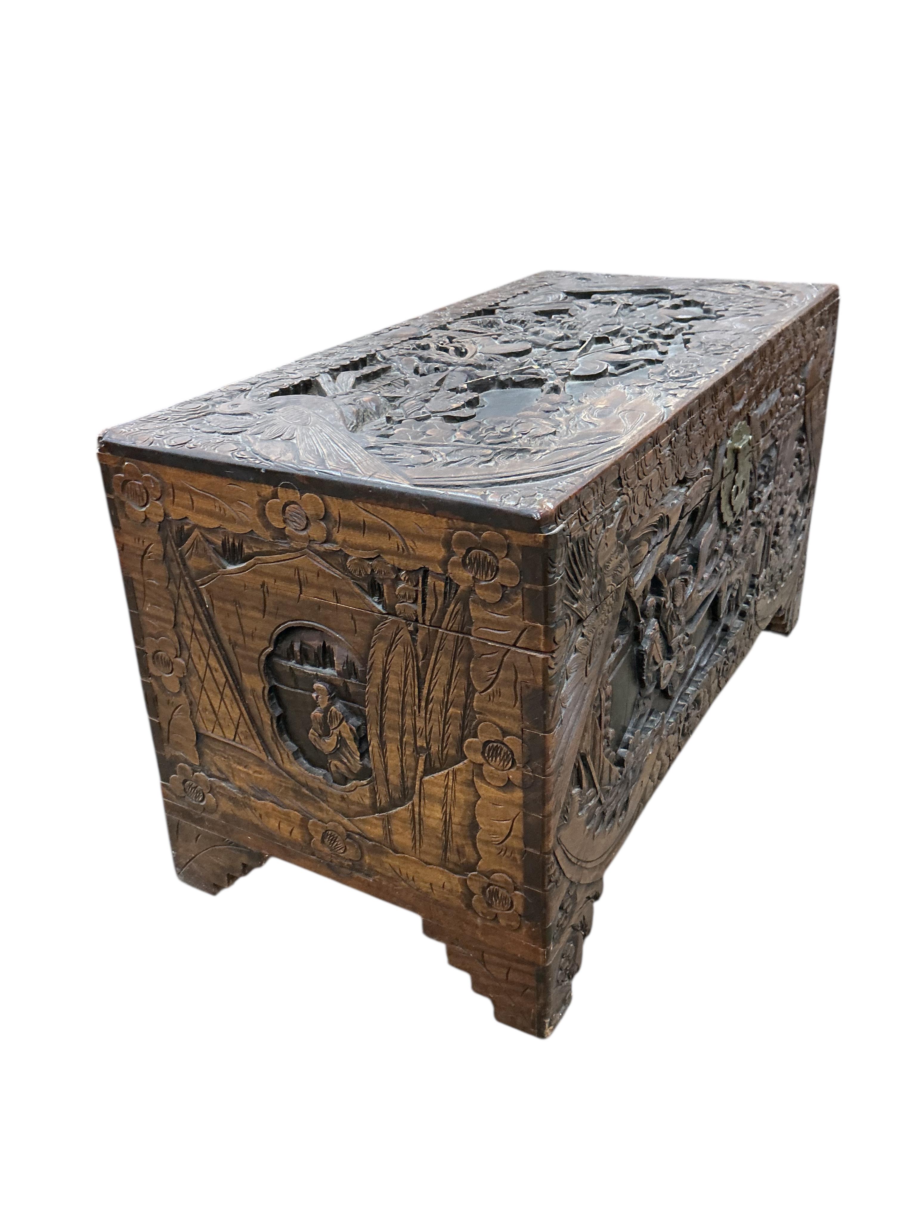A Chinese carved camphorwood trunk, width 97cm, depth 47cm, height 54cm